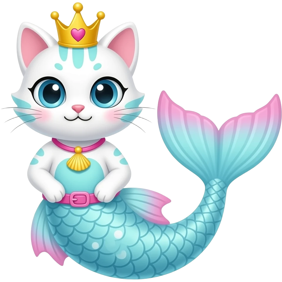 a white anthro cat with  light cyan markings  yellow crown with pink heart on top  blue eyes light cyan belly  pink necklace with yellow seashell pink blank belt attached to  very long light  cyan mermaid tail with white details with pink fins named Kaiyo emoji