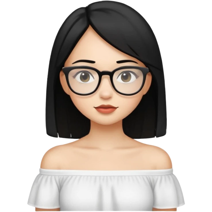 A light skinned girl with straight black hair on shoulder length wearing a white off shoulder and glasses emoji