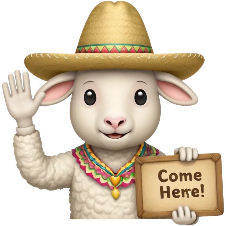 Sheep man with a sombrero waving and holding a sign that says come here! emoji