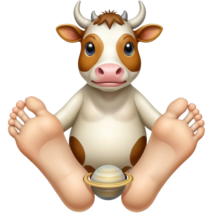 A cow-headed Saturn planet hybrid standing on huge human feet with toes, with Saturn's rings tilted around the middle of the body emoji