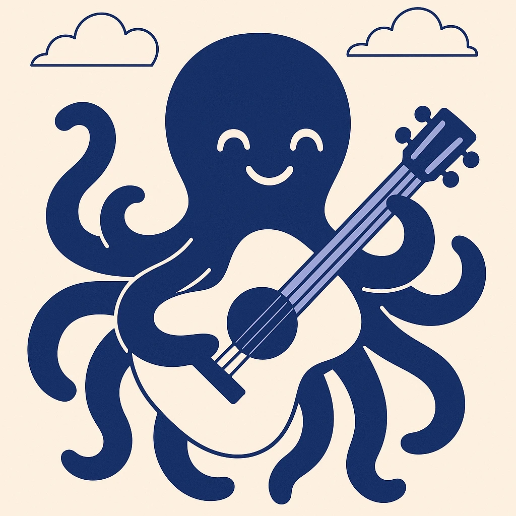happy octopus with multiple arms playing guitar emoji