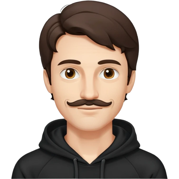 Slim Hombre joven caucasian, cara alargada, bigote fino, cejas arqueadas, pelo castaño oscuro ondulado. Sonrisa leve, expresión suave-alegre. Hoodie negro. emoji