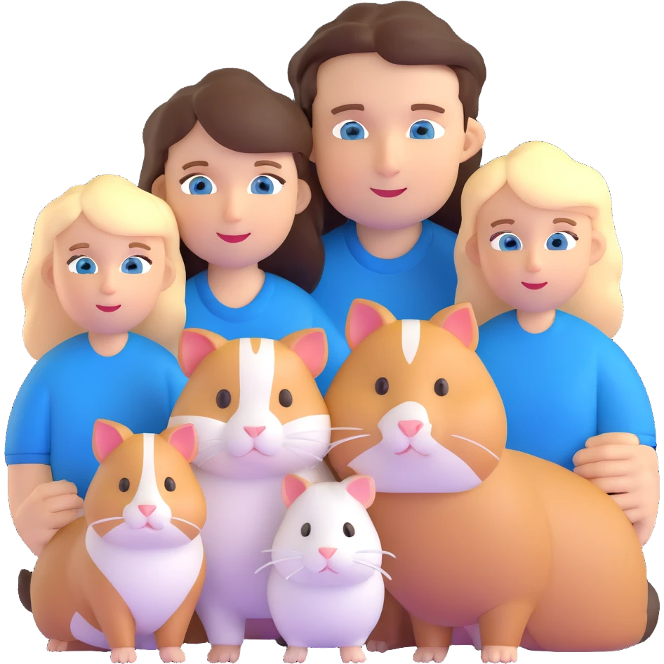 Family portrait with father with dark brown hair and blue eyes, mother with light brown hair and blue eyes, three blonde little girls with blue eyes, plus a cat and two guinea pigs emoji