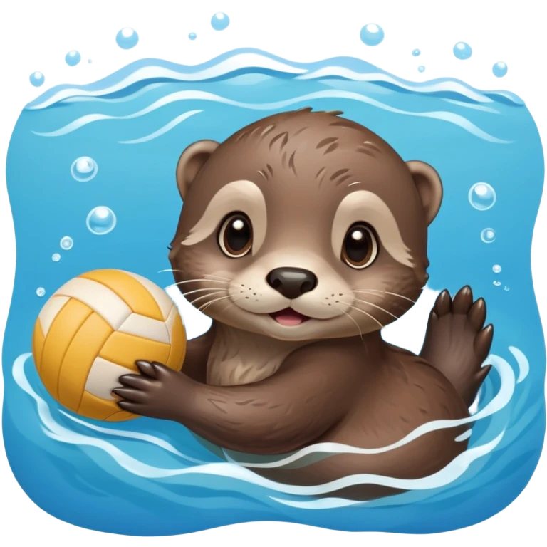 super cute baby otter with gentle expression and soft rounded eyebrows, floating on clearly visible blue water with waves, tiny baby otter with big sweet eyes holding a volleyball with both small paws above water emoji