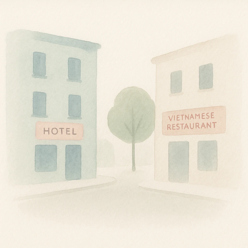soft watercolor illustration in a minimalist, modern style, two buildings facing each other across a street, a hotel on one side and a Vietnamese restaurant on the other, pastel colors, delicate linework, gentle whimsical mood, minimal soft shading emoji