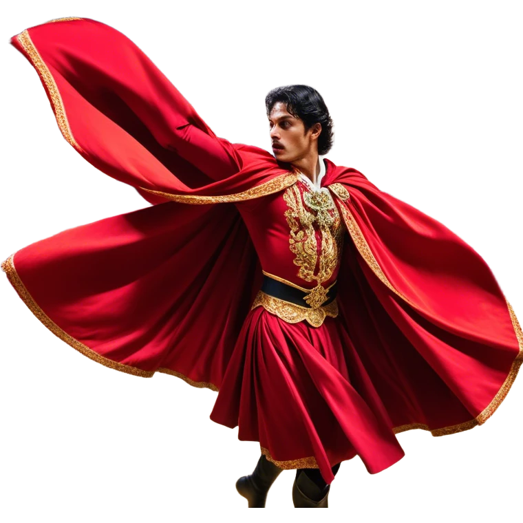 ​Cinematic Realistic Spanish Matador Holding a Red Cape, depicted in mid-action with a vibrant red cape flowing in the wind, dressed in an ornate traje de luces with shimmering details, confronting a charging bull in a dramatic arena, rendered with dynamic motion blur and vivid, high-contrast lighting, emoji