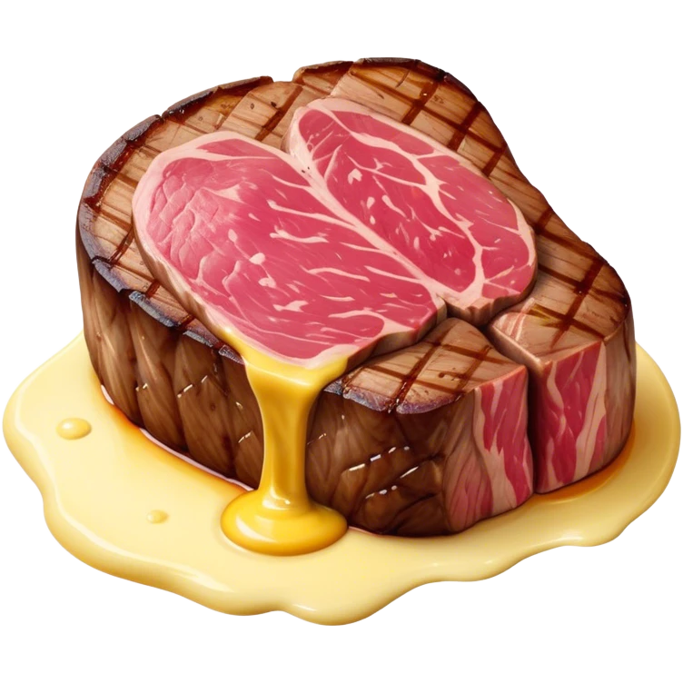 Cinematic thick-cut steak, perfectly seared with grill marks, a juicy pink center, butter melting on top, rich and savory, warm glow, sizzling and mouthwatering, highly detailed and appetizing. emoji