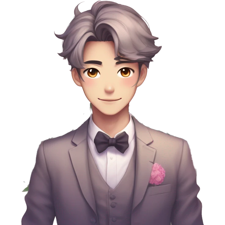Gorgeous romantic anime style Asian formal modern gentlemanly guy with cat ears and flowers and blushing face aesthetic trending style outside with colorful gradient colors emoji