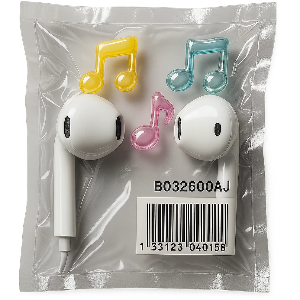 pair of white EarPods with three floating glass music notes in pastel colors, shiny and puffy, vacuum-sealed style emoji