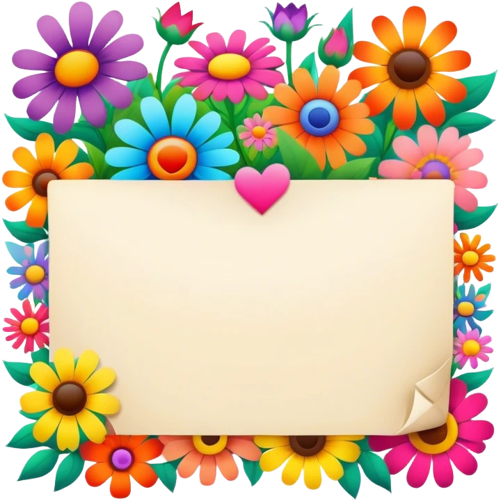 Psychedelic colored love note surrounded by hippie style flowers emoji