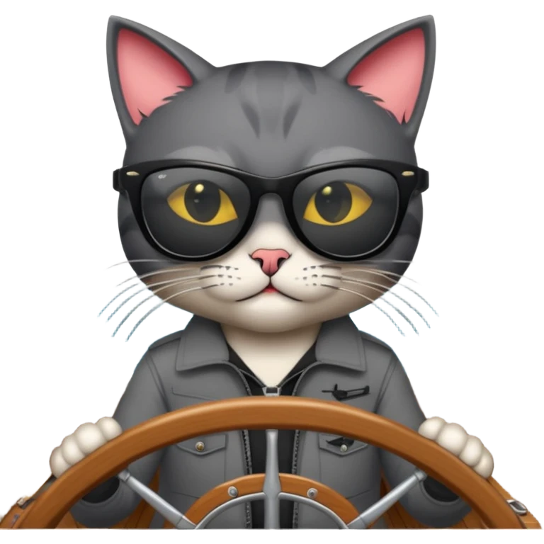 a bad kitty behind the helm of a boat. make the cat look devlishish with a pair of black ray bans wayfers on. driving the boat emoji