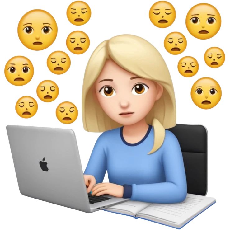 3D emoji style sticker, young woman, white background, slight exam stress, sitting with a laptop, IELTS practice test on the screen showing Overall 5.5, tired but determined expression, notebooks and papers around, soft lighting, minimal details, clean aesthetic, astrology style emoji