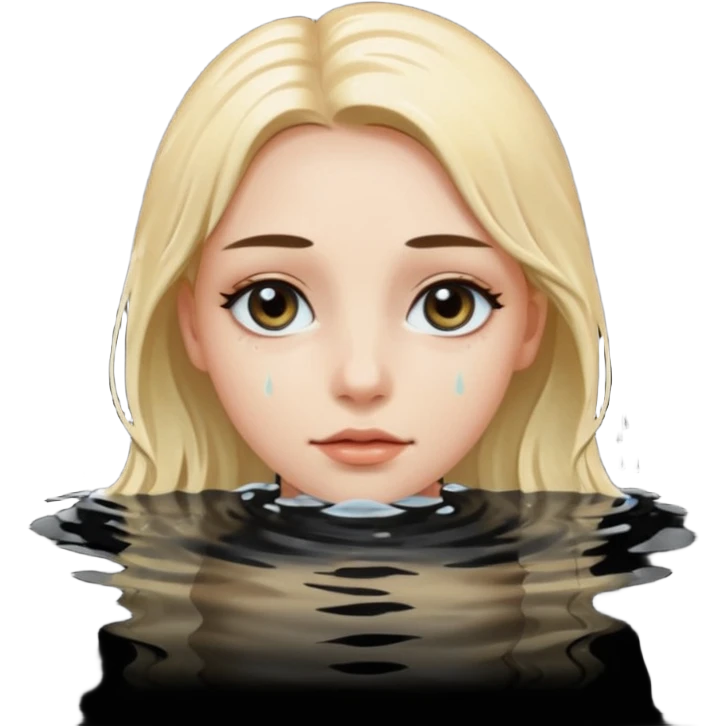 Woman submerged in black water, wet skin and eyes above surface, silent invitation emoji