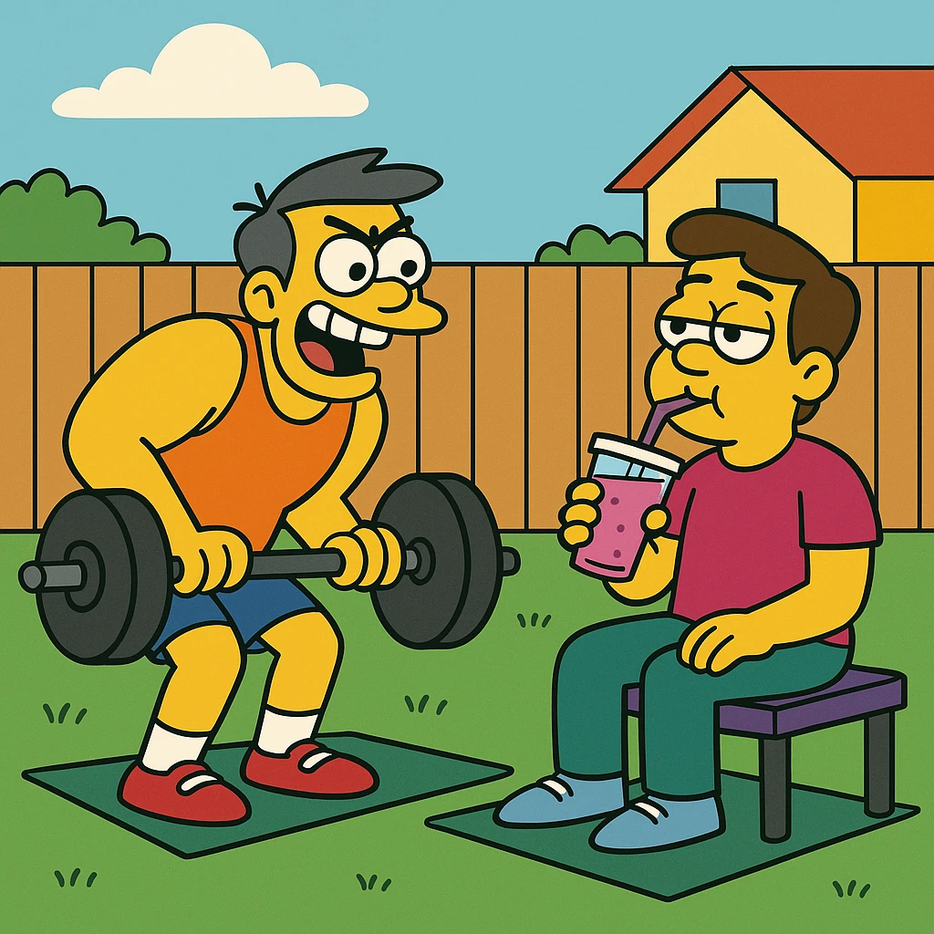 Jake is all about pushing limits (he always tries to do more), while (in contrast) Tom… well, he’s more into sipping smoothies (he likes slowly drinking smoothies). 2 guys at gym emoji
