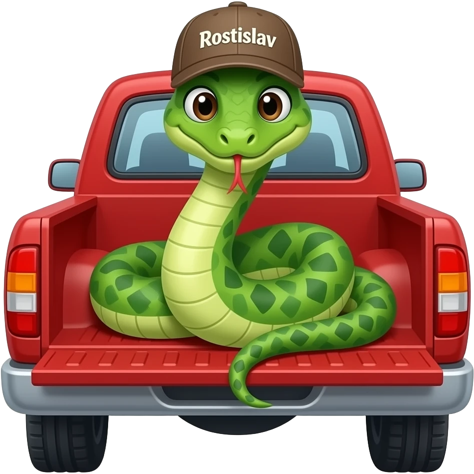 A snake wearing a cap with the inscription Rostislav sits in a red pickup truck. emoji