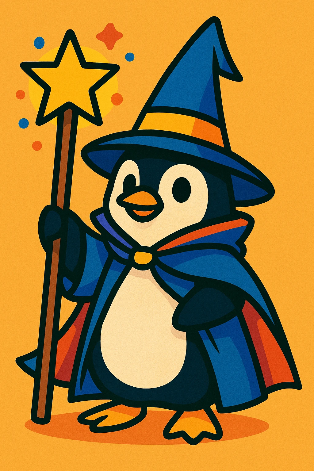 a penguin dressed as a wizard, with a pointy hat and a magic staff, in a fun and whimsical style, colorful vibrant toon illustration emoji