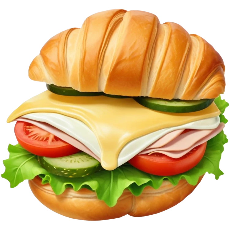 sandwich with turkey, lettuce, pickles, mayonnaise, and tomatoes on a croissant emoji