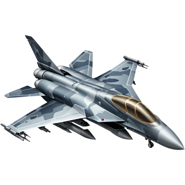Draw a modern fighter jet with sharp wings, camo design & missiles mounted. emoji