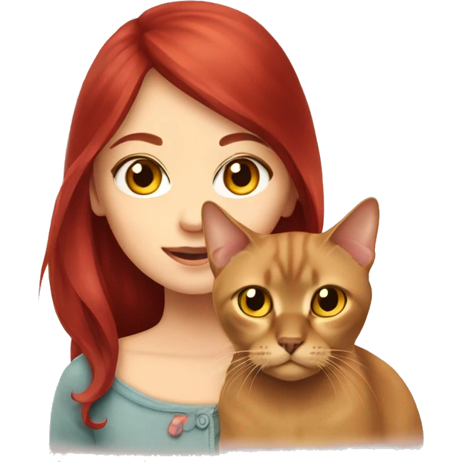 cherry red hair cute girl holding burmese brown cat with yellow eyes emoji