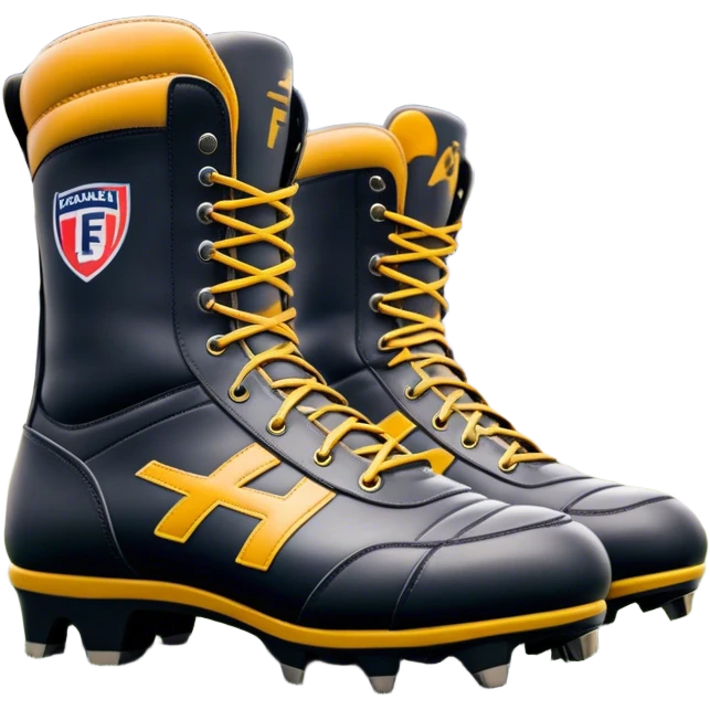 Cinematic Realistic image of a pair of AFL boots, showcasing detailed leather stitching and a rugged sole with fine cleat impressions, captured against a blurred stadium background with high-energy, dynamic lighting emoji