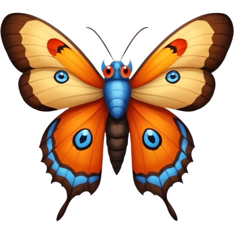 moth with blue eyes mornach butterfly wings orange and yellow with red godzilla eyes on the wings, brown tail, black Moth Insect Arms and legs almost like mothra emoji