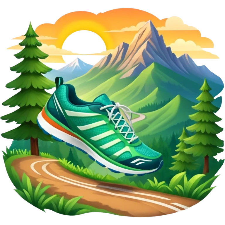 A dynamic icon featuring a pair of running shoes in motion on a scenic trail, surrounded by trees and mountains. The background shows a sunrise, symbolizing energy and passion for running. Transparent background enhances the focus on movement and the joy of outdoor jogging. emoji