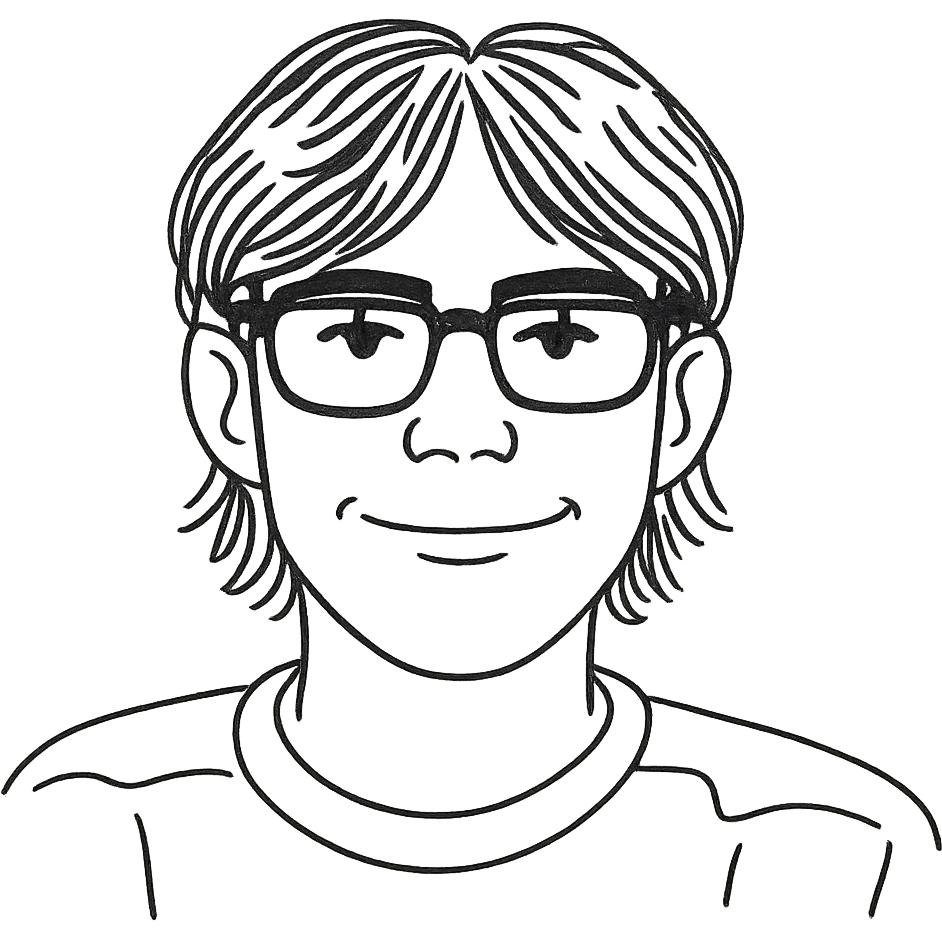 Dark-haired guy with hair to his earlobes, square black glasses, brown eyes emoji