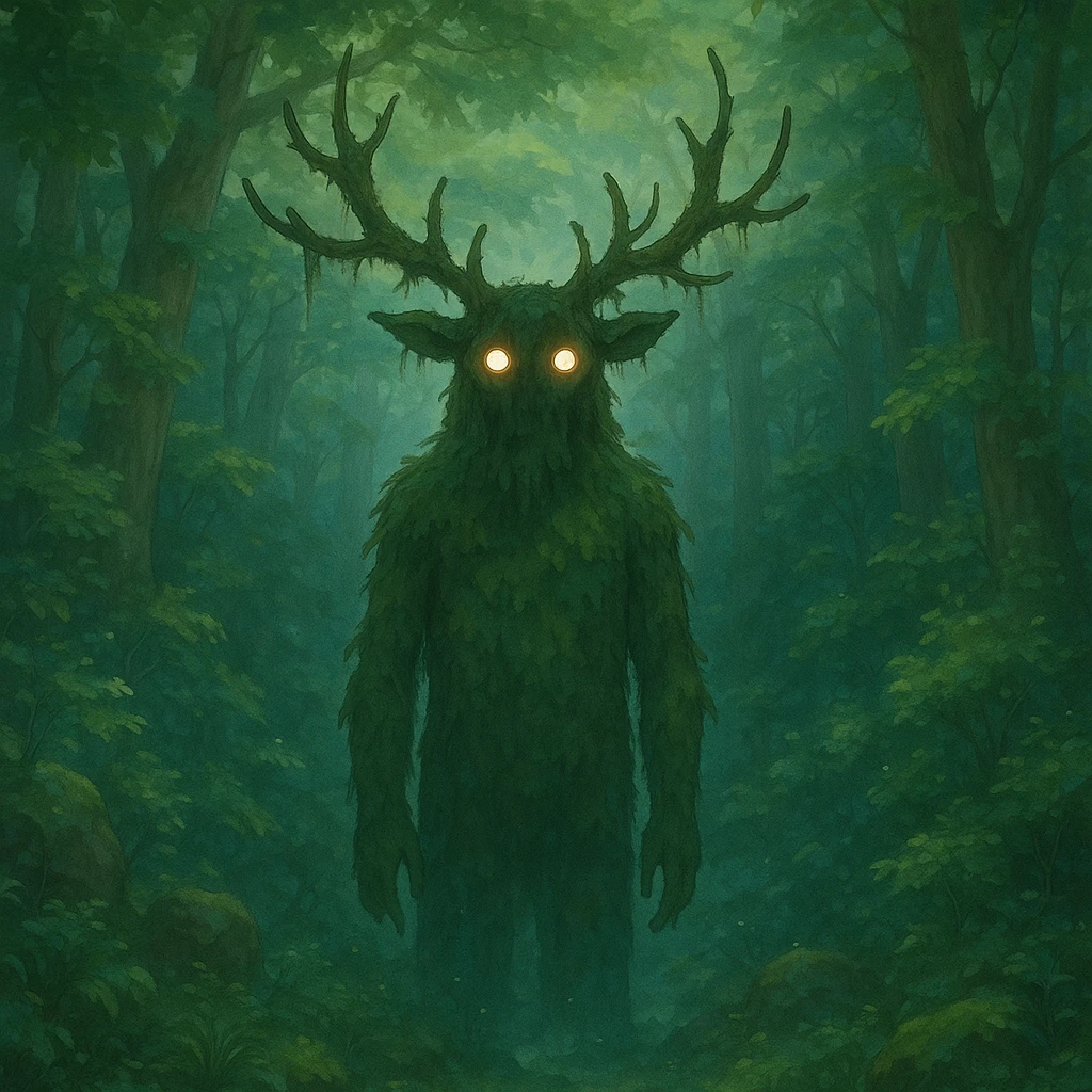 forest spirit with glowing eyes in ghibli style, mystical, ethereal, detailed environment emoji