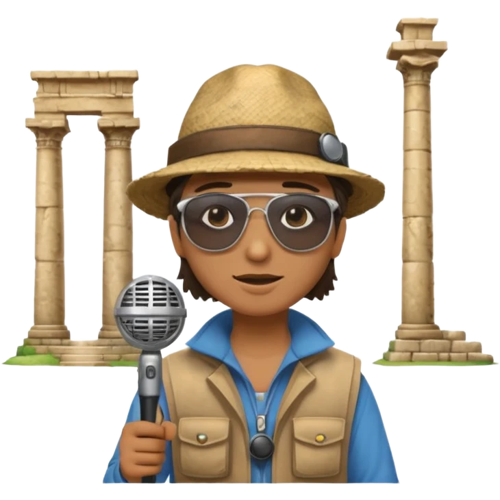 Icon for Documentary Film: A TV-style design with a traveler speaking in front of ancient ruins. Include details like a microphone, the traveler in casual explorer attire, and the ruins in the background. Capture the atmosphere of an informative journey through history. Transparent background. emoji