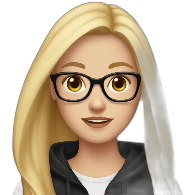 white girl with glasses and long blonde hair and black hoodie and a red doberman emoji