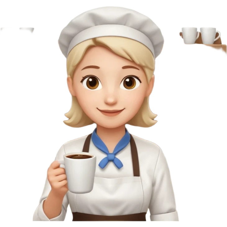 cute barista portrait, head and shoulders only, wearing apron, coffee shop uniform, friendly smile, holding a small coffee cup, 3D cartoon, mobile game icon style, clean background, no text, no watermark
 emoji