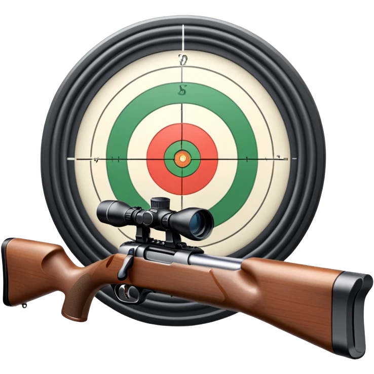A detailed rifle with a scope, pointing towards a perfectly centered target with concentric rings. The scene highlights the precision and focus required in sports shooting, with no shooter in sight, just the rifle and target in a calm, focused setting. emoji