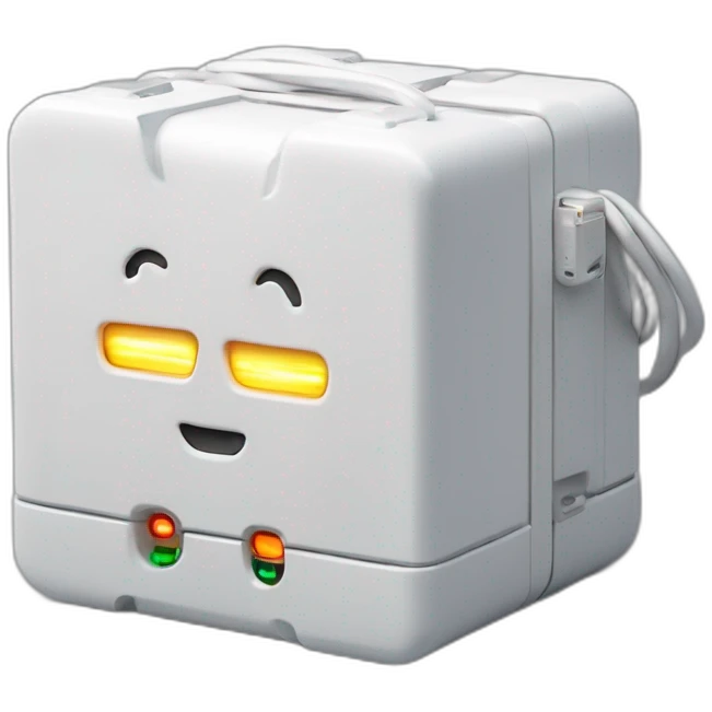 white box connected with cables indicated by blinking LED lights. THe box has a heartbeat label on it robot emoji