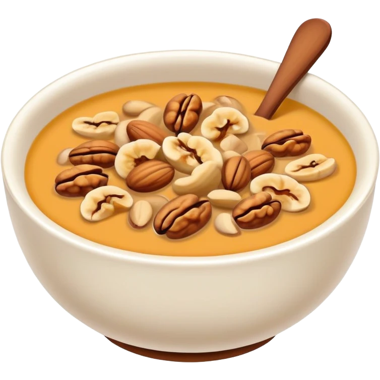 Walnut soup sweet dessert in bowl with nuts, simplified emoji style with bold outlines and bright colors, cartoon style Hetao Hu traditional sweet emoji
