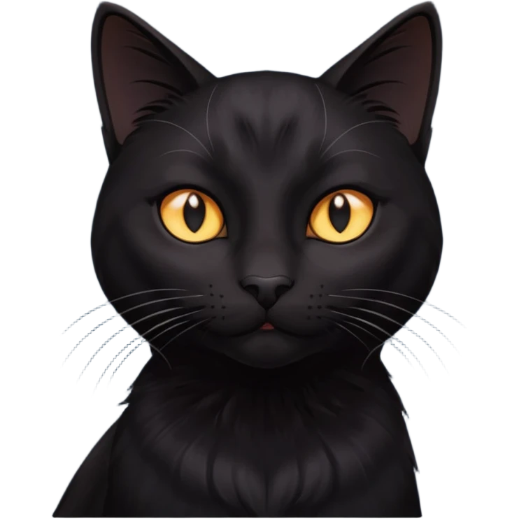 Solin wäre ein Kater mit nachtschwarzem, glänzendem Fell, kräftig gebaut und zugleich von seltener Eleganz. Sein Blick – tief und warm – scheint in die Seele zu führen, während seine Bewegung lautlos ist wie ein Schatten, der sich still an die Seite schmiegt.ihn nichts auf der Welt erschüttern. emoji