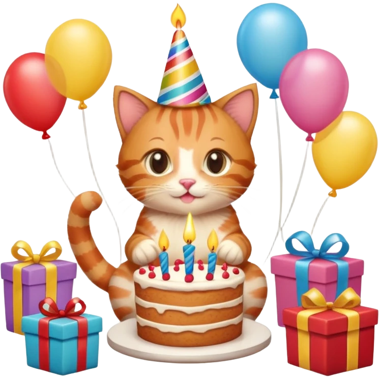 Ginger tabby kitten celebrates birthday, birthday hat, birthday cake, one candle, balloons, happy, gifts emoji