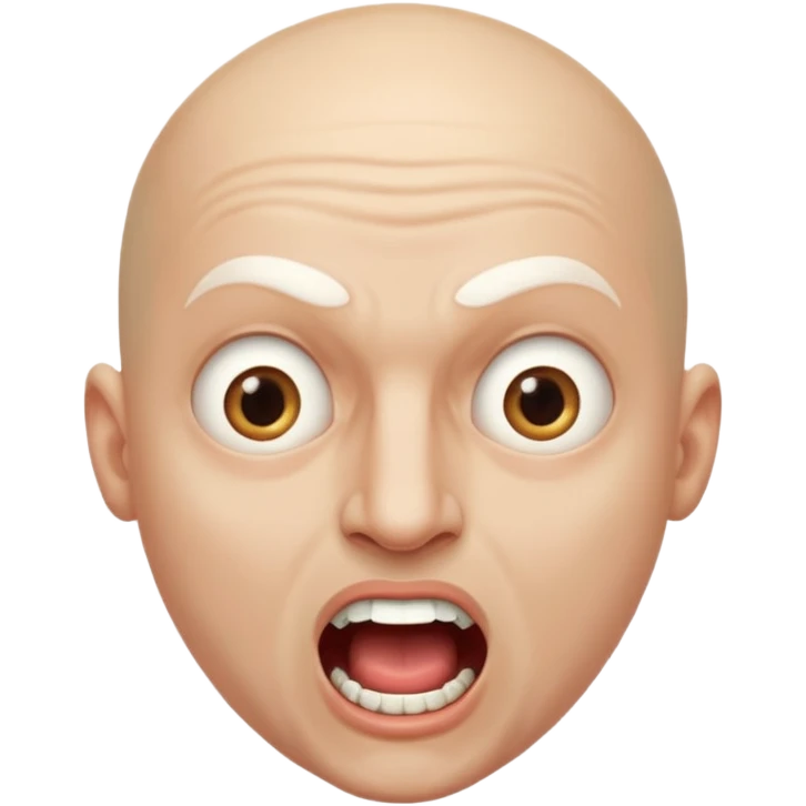 Cabaret portrait of a bald man with a whitened face and made-up eyes and mouth, a huge, wide-open mouth and a startled look emoji