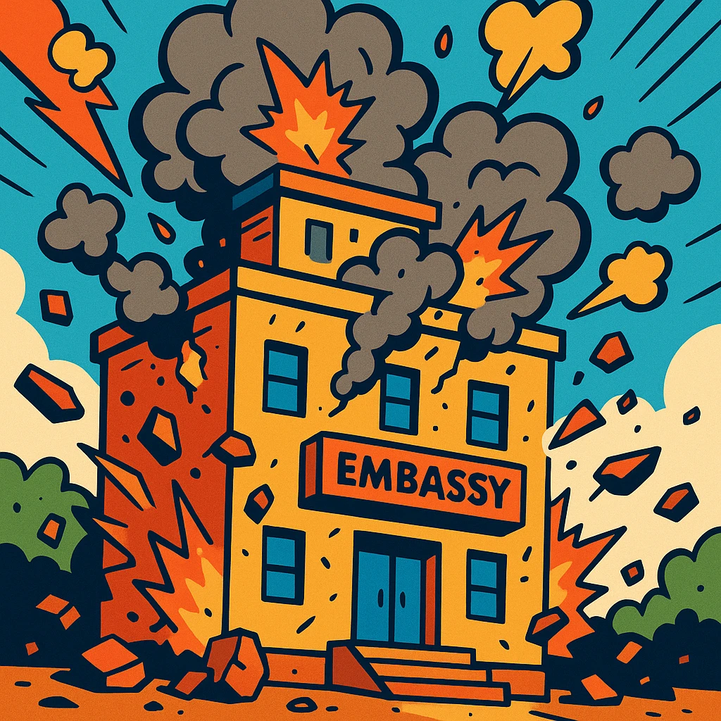 a government building labeled 'embassy' with smoke and debris, comic style, expressive details emoji