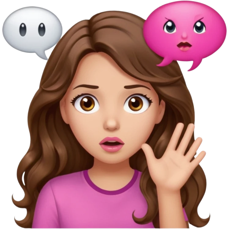 girl with long wavy brown hair, brown eyes, light to medium complexion, in a pink shirt, pink lips, long lashes, surprised, wow speech bubble emoji