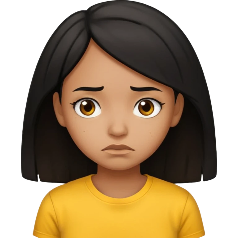 brown pretty bratz girl with black hair, wearing a yellow tshirt. looking sad emoji
