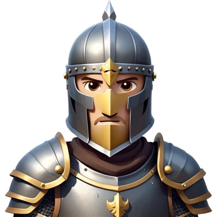 clash-of-clans-aesthetic_-cinematic-fearsome-and-majestic-knight-bust-portrait-emoji, rendered in a flat, vector-style with minimal shading and bold, simplified shapes, depicting a battle-ready medieval knight with steely eyes and intricate armor, mounted riding on a black warhorse reflecting sunlight over a misty battlefield. emoji