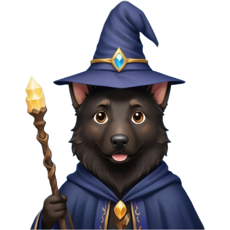 all black german shepherd face wearing a wizard hat and staff and magic swirling around him emoji