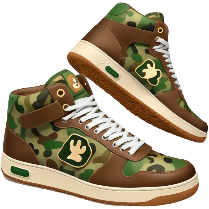 Bape sneaker with classic camo pattern in green and brown colors, high top sneaker with ape logo on the side emoji