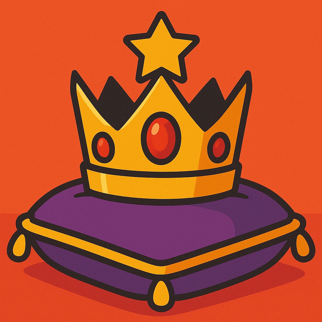 golden crown with rubies lying on a velvet pillow with golden edges emoji