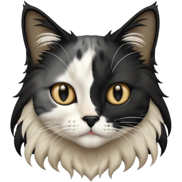 black and white long hair cat. black nose. black splotch near nose (on the right side). white chest. emoji