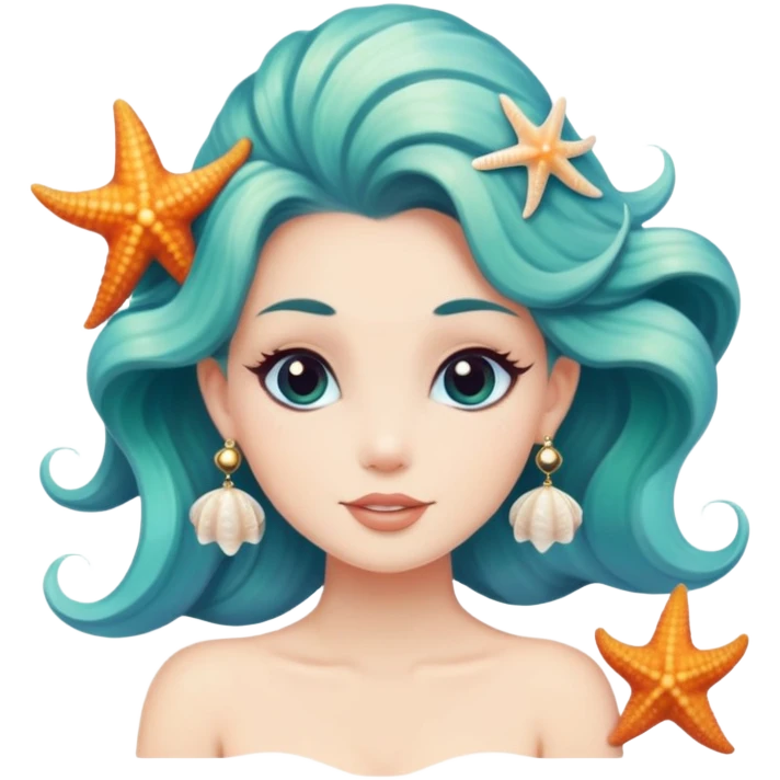mermaid with seashells in hair, starfish earrings emoji