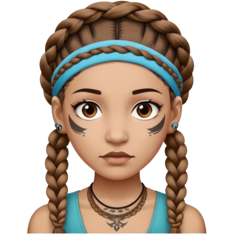 big lose braids starting from the top of the head woman face wiith big visible braids and mono color headband on head strict face and braids as big as headband and lots and lots of face tattoos emoji