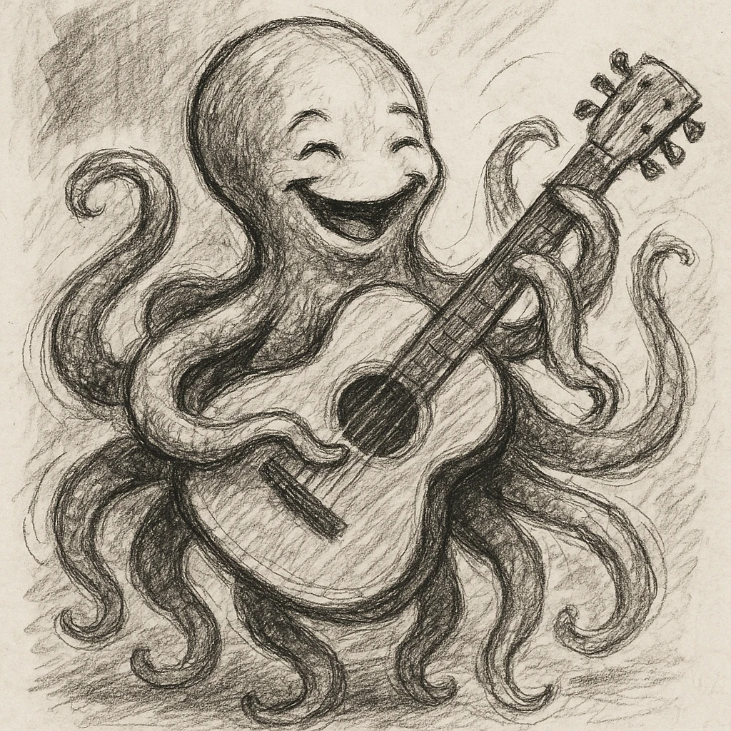 happy octopus with multiple arms playing guitar emoji