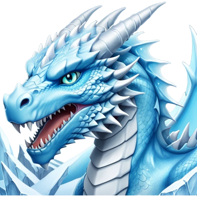 Cinematic Noble Fierce Ice Dragon Portrait Emoji, Poised and imposing, with a muscular, scaled body shimmering in glacial hues of icy blue, frostbitten silver, and crystalline white, breathing out frost, with piercing, glowing eyes that radiate the chilling depths of an arctic storm; rendered in detail. emoji