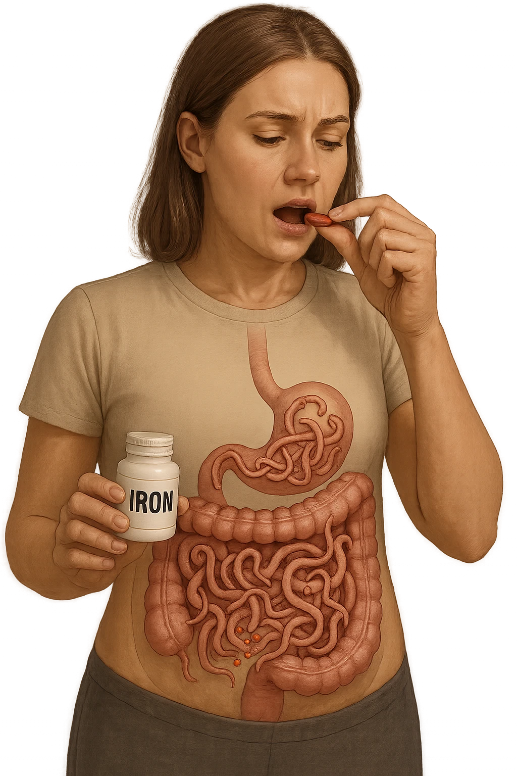 donna con parassiti intestinali che prende integratore di ferro, ma lo mangiano i suoi parassiti. Immagini realistiche emoji